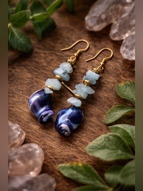 Handcrafted Blue Shell Raw & Aquamarine Chip Earrings • Gold Tone • GP 925 Hooks